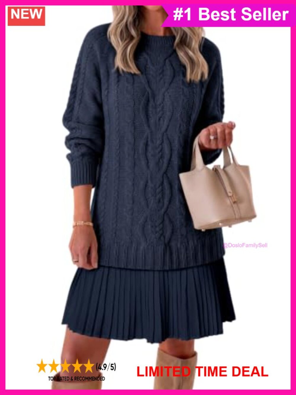 Cable Knit Patchwork Pleated Mini Sweater Dress Long Sleeve Crewneck